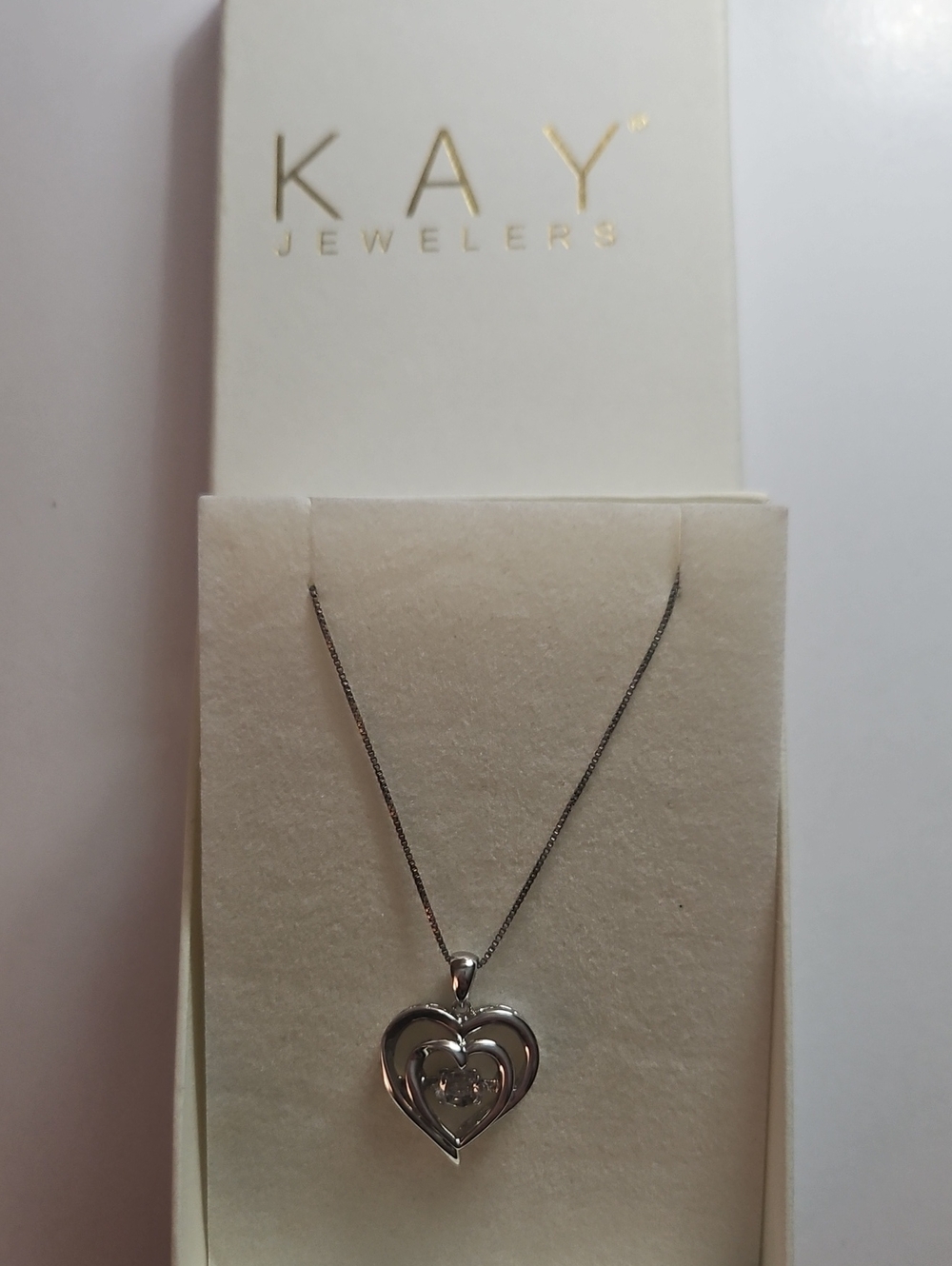 Kay Jewelers Silver Double Heart Pendant Necklace with Center Stone